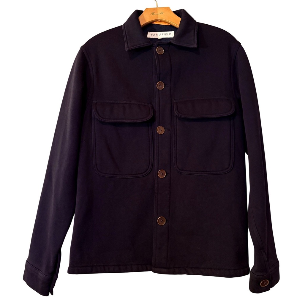 Far Afield Normsk Mens Navy Blue Fleece Lined Button Chore Coat Jacket Overshirt